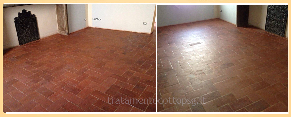 pavimento in cotto interno prima e dopo trattamento